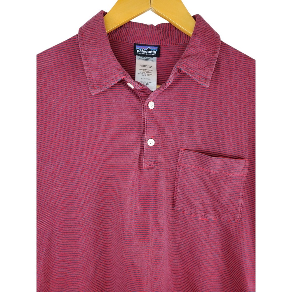 Patagonia Mens Medium Polo Shirt Red Stripe Organic Cotton Short Sleeve Casual